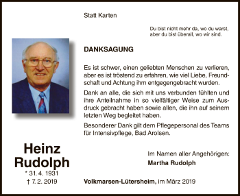 Todesanzeige von Heinz Rudolph von HNA