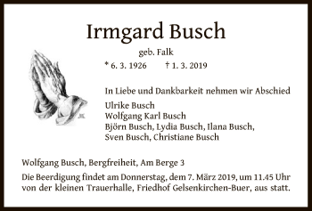 Todesanzeige von Irmgard Busch von HNA