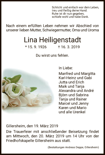 Todesanzeige von Lina Heiligenstadt von HNA