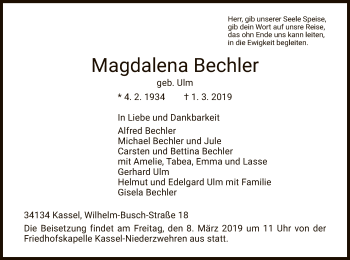 Todesanzeige von Magdalena Bechler von HNA