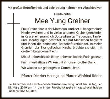 Todesanzeige von Mee Yung Greiner von HNA