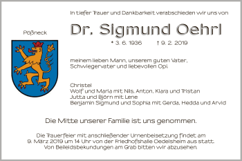 Todesanzeige von Sigmund Oehrl von HNA