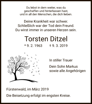 Todesanzeige von Torsten Ditzel von HNA