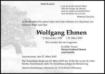 Todesanzeige von Wolfgang Ehmen von HNA