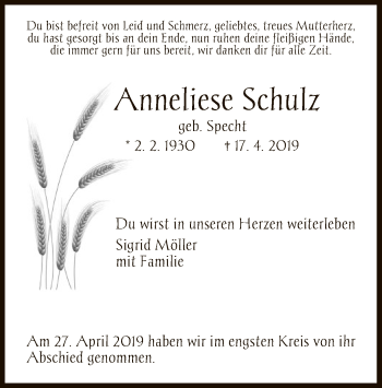 Todesanzeige von Anneliese Schulz von HNA