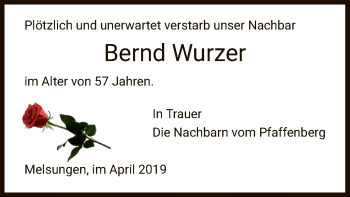 Todesanzeige von Bernd Wurzer von HNA