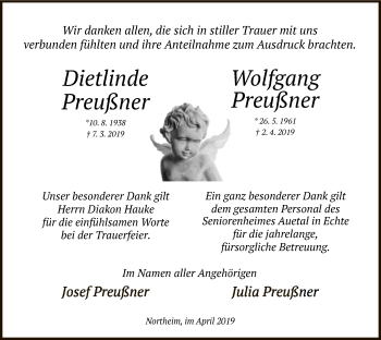 Todesanzeige von Dietlinde und Wolfgang Preußner von HNA