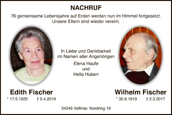 Todesanzeige von Edith und Wilhelm Fischer von HNA