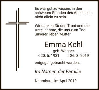 Todesanzeige von Emma Kehl von HNA