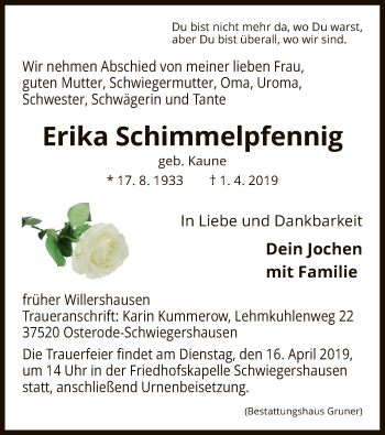 Todesanzeige von Erika Schimmelpfennig von HNA