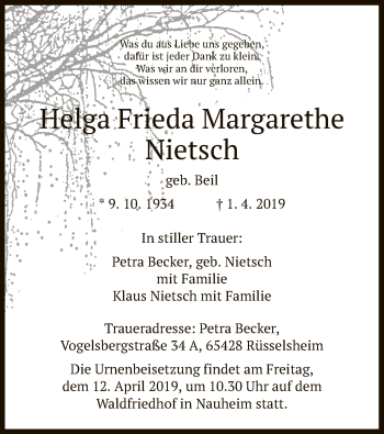 Todesanzeige von Helga Frieda Margarethe Nietsch von HNA