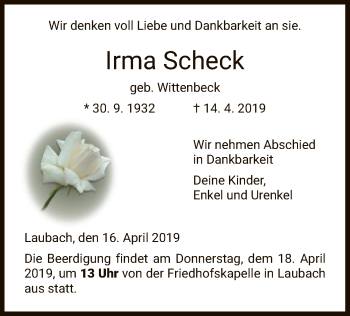 Todesanzeige von Irma Scheck von HNA
