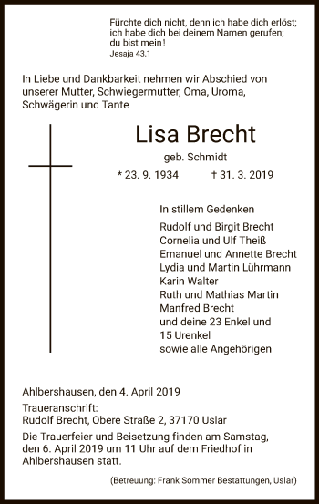 Todesanzeige von Lisa Brecht von HNA