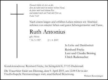 Todesanzeige von Ruth Antonius von HNA