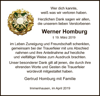 Todesanzeige von Werner Homburg von HNA