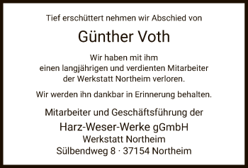 Todesanzeige von Günther Voth von HNA