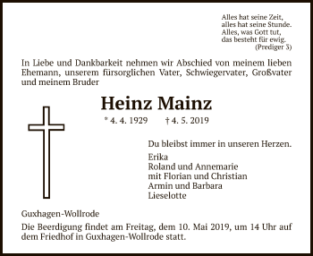 Todesanzeige von Heinz Mainz von HNA