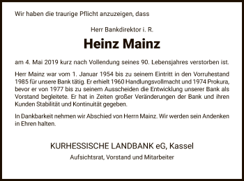Todesanzeige von Heinz Mainz von HNA
