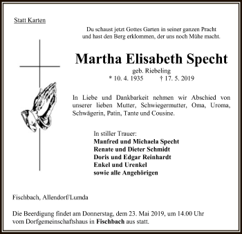 Todesanzeige von Martha Elisabeth Specht von HNA