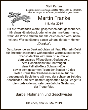 Todesanzeige von Martin Franke von HNA