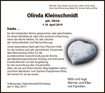 Todesanzeige von Olinda Kleinschmidt von HNA