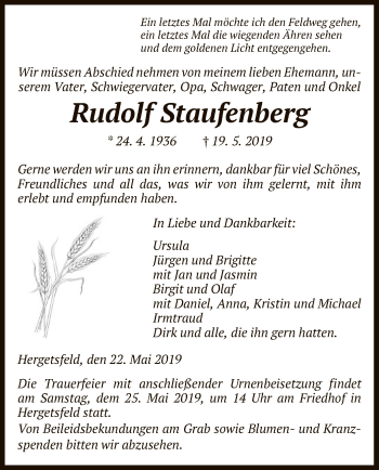 Todesanzeige von Rudolf Staufenberg von HNA