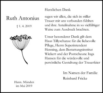 Todesanzeige von Ruth Antonius von HNA