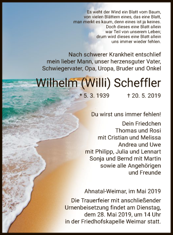 Todesanzeige von Wilhelm Willi Scheffler von HNA