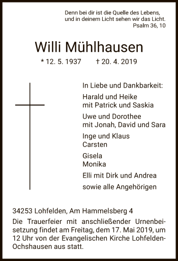 Todesanzeige von Willi Mühlhausen von HNA