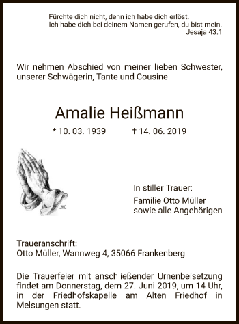 Todesanzeige von Amalie Heißmann von HNA