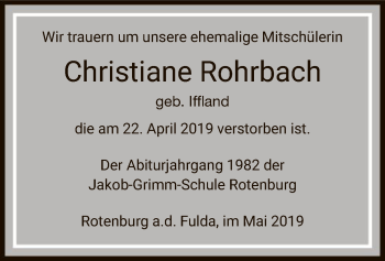 Todesanzeige von Christiane Rohrbach von HNA