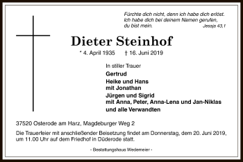 Todesanzeige von Dieter Steinhof von HNA