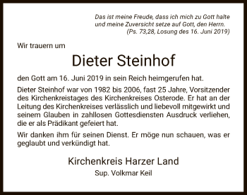 Todesanzeige von Dieter Steinhof von HNA
