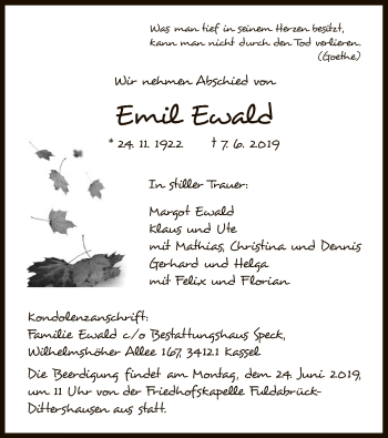 Todesanzeige von Emil Ewald von HNA