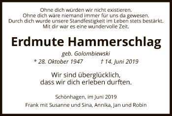 Todesanzeige von Erdmute Hammerschlag von HNA