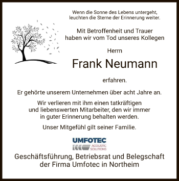 Todesanzeige von Frank Neumann von HNA