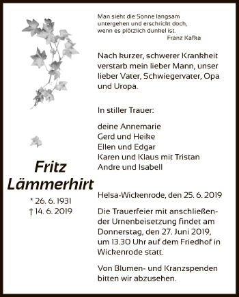 Todesanzeige von Fritz Lämmerhirt von HNA