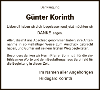 Todesanzeige von Günter Korinth von HNA