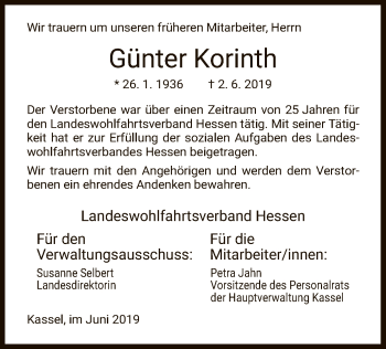 Todesanzeige von Günter Korinth von HNA
