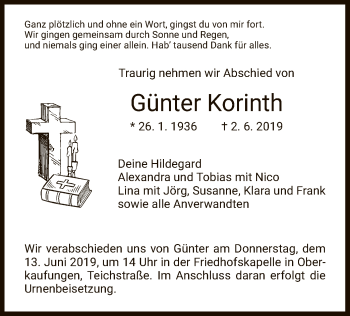 Todesanzeige von Günter Korinth von HNA
