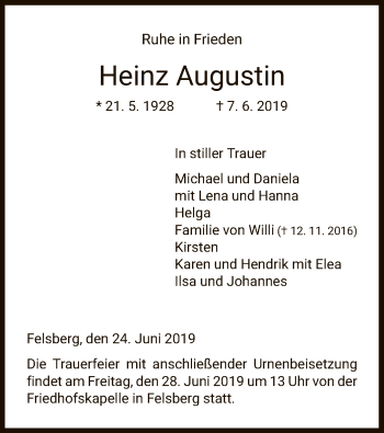 Todesanzeige von Heinz Augustin von HNA