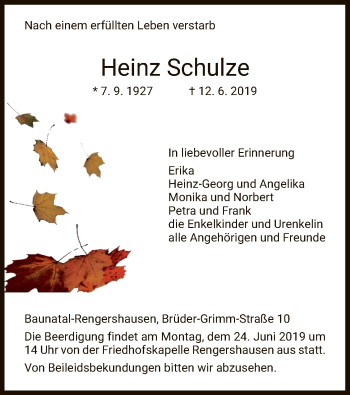 Todesanzeige von Heinz Schulze von HNA
