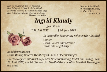 Todesanzeige von Ingrid Klaudy von HNA