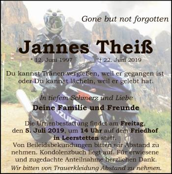 Todesanzeige von Jannes Theiß von HNA