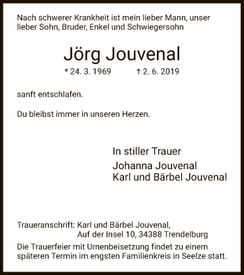 Todesanzeige von Jörg Jouvenal von HNA