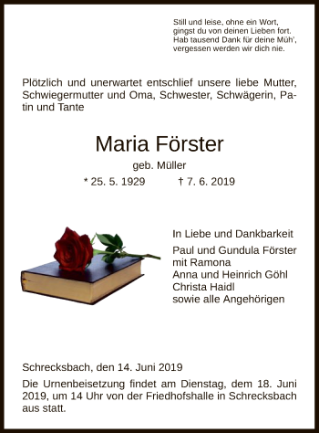 Todesanzeige von Maria Förster von HNA