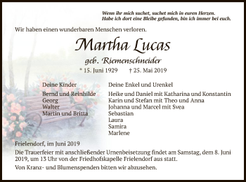 Todesanzeige von Martha Lucas von HNA