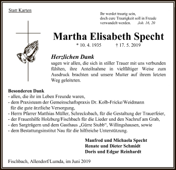 Todesanzeige von Martha Elisabeth Specht von HNA