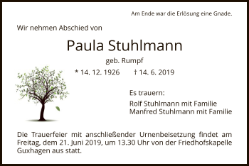 Todesanzeige von Paula Stuhlmann von HNA