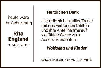 Todesanzeige von Rita England von HNA